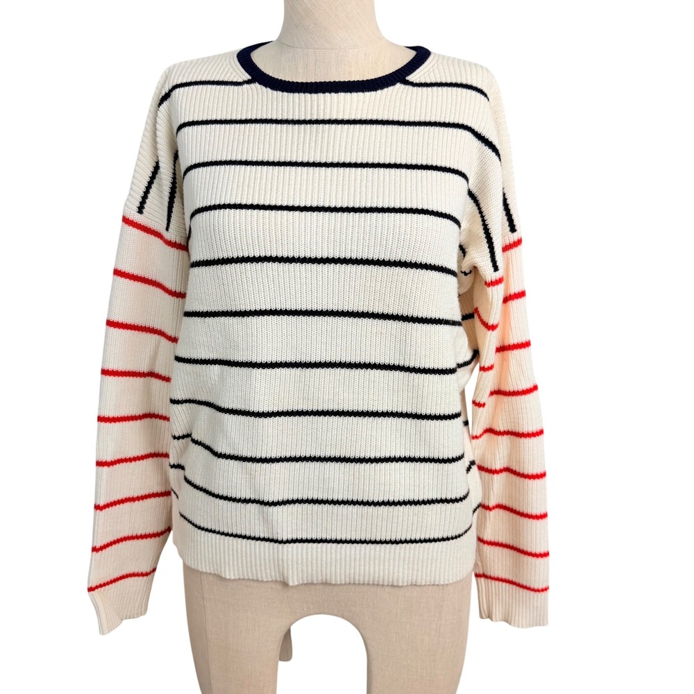 Kule Womens Striped Rib Knit Crewneck Sweater Cream Navy Red Cotton Silk Small